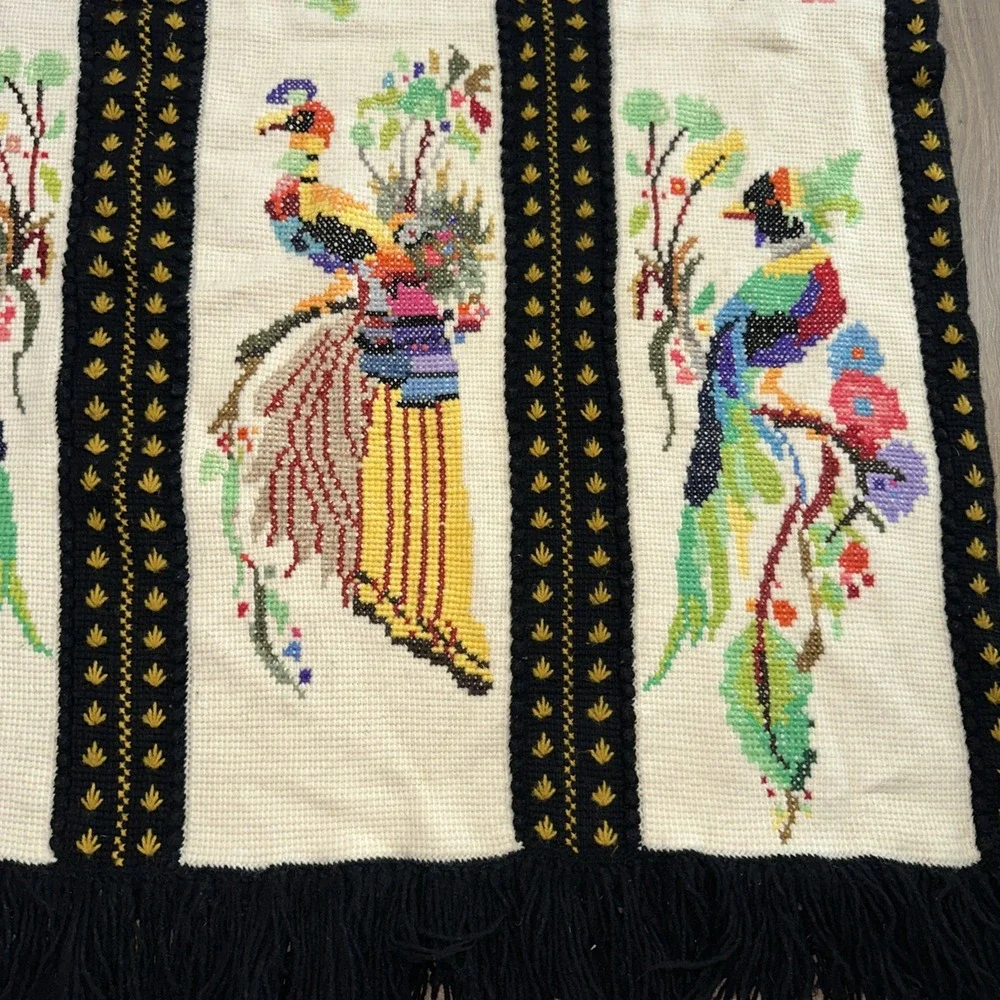 Vintage Peacock Bird Handmade Needlepoint Throw‎ Blanket 46 X 72. EUC